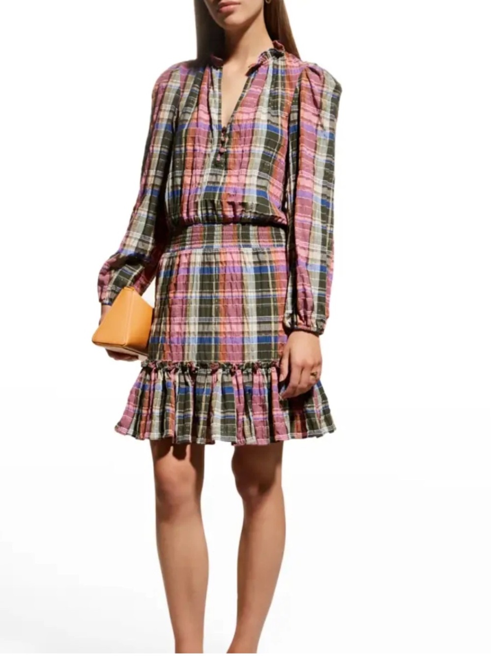 Veronica Beard Jeans Destiny Dress Olive Pink Plaid Ruffle Mini Dress 2 NWT